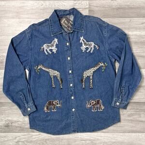 NWT New Direction Safari Embroidered Denim Shirt Zebras Giraffes Elephants Med